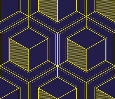 Geometrik küpler soyut dikişsiz desen, üç boyutlu vektör arkaplan. Teknoloji stili mühendislik çizgisi bitmeyen illüstrasyon çiziyor.