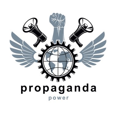 Vektör pazarlama afiş kaldırdı hoparlörler ile oluşan sıkılı yumruk, dünya gezegen ve Sanayi dişli. İç savaş soyut resim, sınırları kavramı yok. Sosyal mesaj gücü.