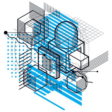 Çizgiler ve şekiller Özet vektör izometrik 3d arka plan. Küpleri, Altıgenler, kareler, dikdörtgenler ve farklı soyut öğeler düzenini.