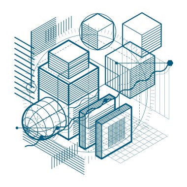 İzometrik arka plan çizgileri ve diğer farklı elemanları, vektör soyut şablonu. Kompozisyon küpleri, Altıgenler, kareler, dikdörtgenler ve farklı soyut öğeler.