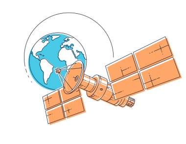 Dünya, uzay uçuşu, güneş panelleri ve uydu anten plaka ile iletişim uzay uzay istasyonu çevresinde yörüngede uydu. İnce çizgi 3d vektör çizim.