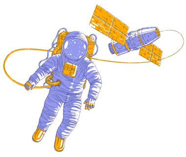 Açık alanda uçan uzaylı uzay istasyonu, astronot erkek ya da kadın onun arkasında ağırlıksız ve ISS uzay aracı yüzen uzay giysisi içinde bağlı. Beyaz bitti izole vektör çizim.