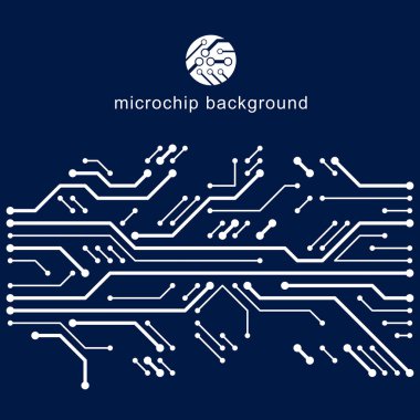 Vektör devre kartı, dijital teknolojiler soyutlama. Bilgisayar mikroişlemci şeması, fütüristik tasarım. Mikroişlemci şeması soyut arkaplan