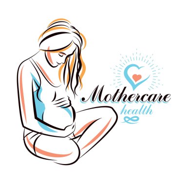 Pregnant female body shape hand drawn vector illustration, beautiful lady gently touching her belly. Gynecology and pregnancy medical care clinic promotion leaflet clipart