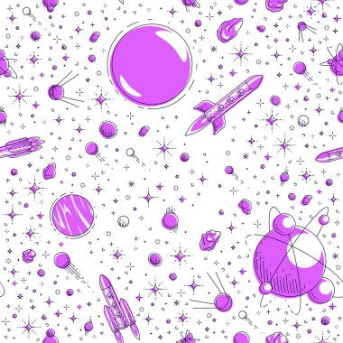 Roketler, gezegenler ve yıldızlar sorunsuz arka plan boşluk, keşfedilmemiş gökada kozmik fantastik ve ilginç tekstil kumaş, sonsuz çocuklar için illüstrasyon karikatür motifi vektör desen, fayans.