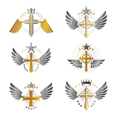 Christian Cross amblemleri yerleştirildi. Arms dekoratif logoları Heraldic Coat izole edilmiş vektör çizimleri koleksiyonu.