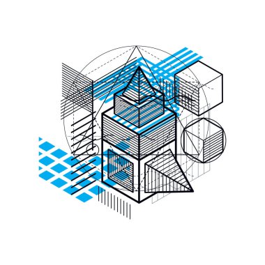 Çizgiler ve şekiller Özet vektör izometrik 3d arka plan. Küpleri, Altıgenler, kareler, dikdörtgenler ve farklı soyut öğeler düzenini.