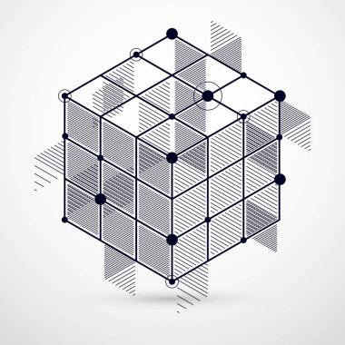 Küpler ve diğer elementlerle soyut geometrik vektör siyah beyaz arka plan. Küpler, altıgenler, kareler, dikdörtgenler ve soyut elementlerin bileşimi. Tasarımlarınız için mükemmel bir arkaplan