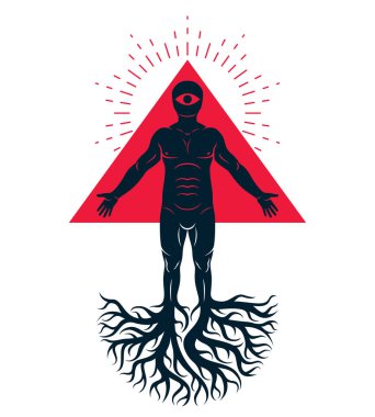 Mason vector illustration created as athletic man composed with tree roots and red triangle with all-seeing eye. clipart