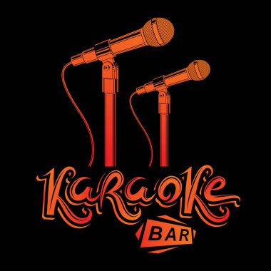 Karaoke bar yazma, sahne mikrofon ekipman. Gece kulübü daveti amblemi.