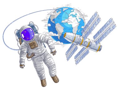 Açık alanda uçan astronot uzay istasyonu ve dünya gezegen arka planda, hafiflik ve ISS uzay aracı arkasında güneş panelleri ile yüzen uzay giysisi içinde spaceman bağlı. Vektör.
