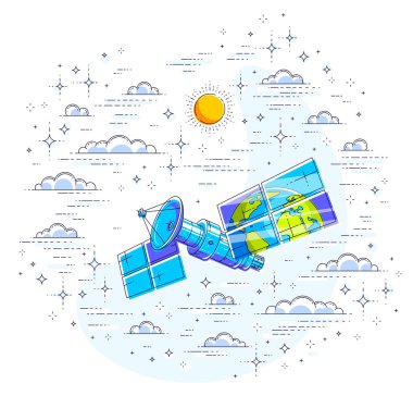 Küresel iletişim teknolojisi uydusu bulutlu gökyüzünde uçuyor ve Dünya 'yı güneş panellerine yansıtıyor. İnce çizgi 3d vektör çizimi beyaza izole edildi.