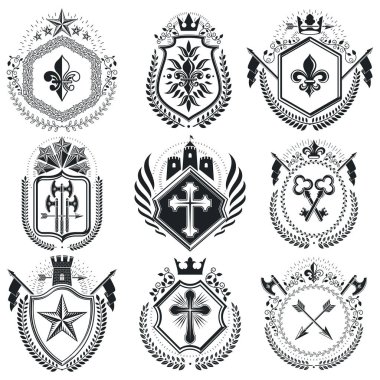 Klas amblemler, vektör hanedan arması. Eski tasarım ögeleri koleksiyonu.
