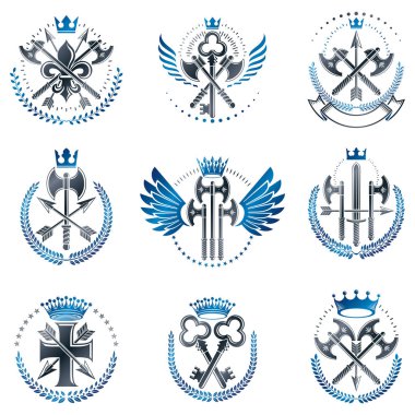 Vintage Silah Amblemleri ayarlandı. Vintage vektör tasarım elemanları koleksiyonu. Retro biçim etiketi, heraldry.