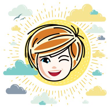Güzel kızıl saçlı mutlu kız yüz, pozitif yüz özellikleri, clipart vektör Illustration. Genç göz kırpıyor.