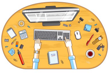 Bir bilgisayar üzerinde çalışan ofis çalışanı ya da girişimci, insan eli ve çeşitli kırtasiye eşyalarıyla çalışma masasının üst görüntüsü. Tüm elementleri ayrı ayrı kullanmak kolaydır. Vektör illüstrasyonu.