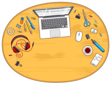 Ahşap ofis çalışanı veya girişimci Danışma işyerinde dizüstü bilgisayar ve metin için kopya yer ile çeşitli ileti örneği nesnelerle çalışmak için. Tüm öğeleri ayrı ayrı kullanımı kolay. Vektör.