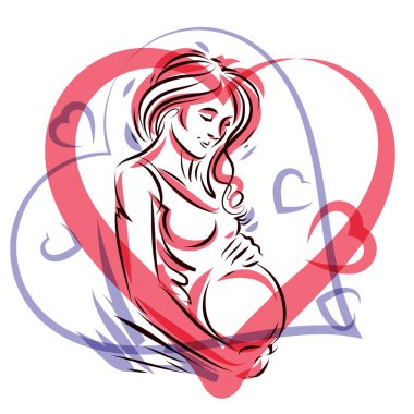 Hamile zarif kadın bebek, kalp şekli çerçeve tarafından oluşan çizilmiş vektör çizim bekliyor. Sevgi ve Tema okşamak. Anneler günü.