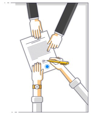 İşadamı sözleşmeli kağıt imzaladı ya da banka müşterisi finansal kredi formuna bir tabela yazdı ve çalışanı ona yardım etti ve kredi şartlarını, insanların ellerinin üst görünümünü açıkladı. Vektör.