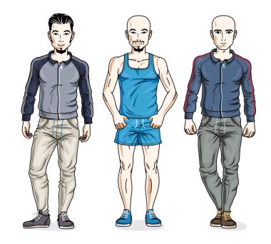 Yakışıklı genç adam ayakta giyen şık spor giyim grup. Vektör farklı insanlar karakter kümesi.