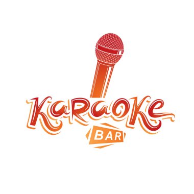 Karaoke bar yazı, vektör mikrofon amblemi. Eğlence ve dinlenme yaşam tarzı tanıtımı
