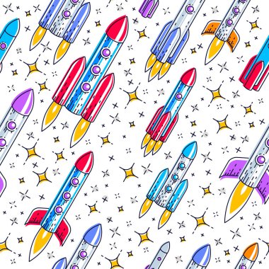 Roketleri ve yıldızları olan kusursuz uzay arkaplanı, çocuklar için muhteşem ve nefes kesici tekstil kumaşı, sonsuz döşeme deseni, vektör çizim motifi.