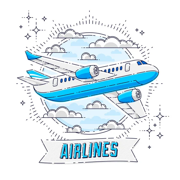 航空会社の航空機の航空会社と航空機の旅行エンブレムやイラスト ラウンド形状やタイピングでリボン 白い背景の上に隔離された美しい細い線ベクトル — ストックベクタ