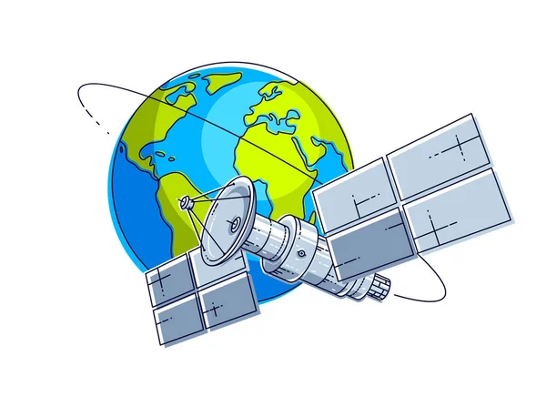 Спутниковые Летающие Орбитальные Полеты Вокруг Земли Космическая Станция Космических Аппаратов — стоковый вектор