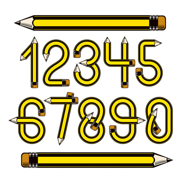 Set of vector numbers constructed with sharp pencils, office tools design, can be used for logo creation in engineering or construction business.