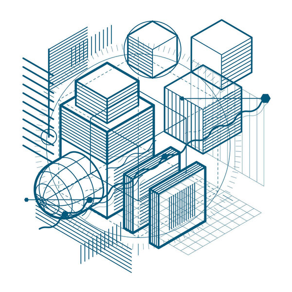 Isometric abstract background with lines and other different elements, vector abstract template. Composition of cubes, hexagons, squares, rectangles and different abstract elements.