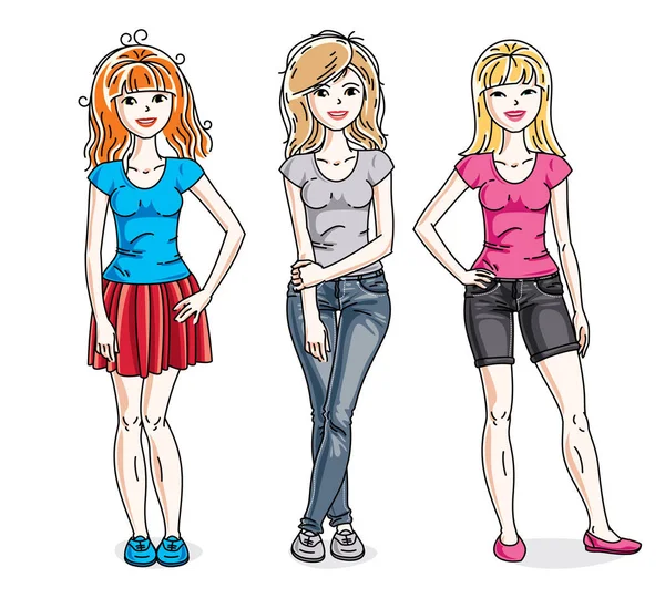Atraktivní Mladé Dospělé Dívky Stojící Elegantní Ležérní Oblečení Sada Vektorové — Stockový vektor