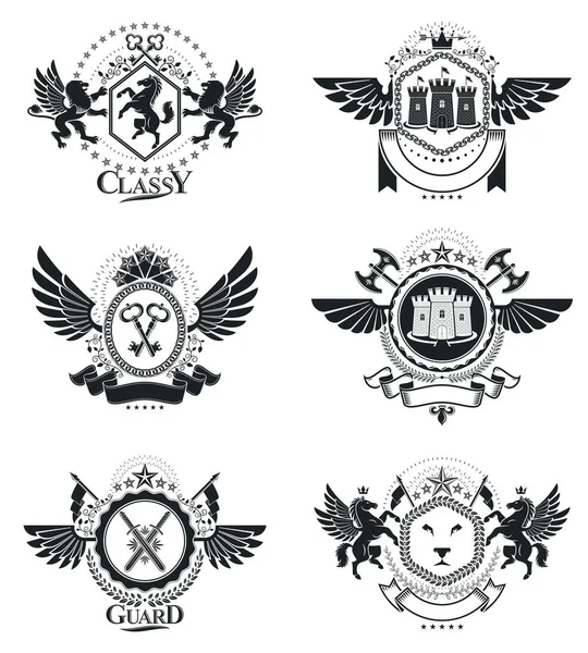 Emblemas Heráldicos Ilustraciones Vectoriales Aisladas Colección Símbolos Estilo Vintage — Vector de stock