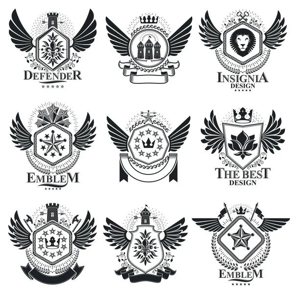 Emblemas Vintage Diseños Vectoriales Heráldicos Colección Escudo Armas Conjunto Vectores — Archivo Imágenes Vectoriales