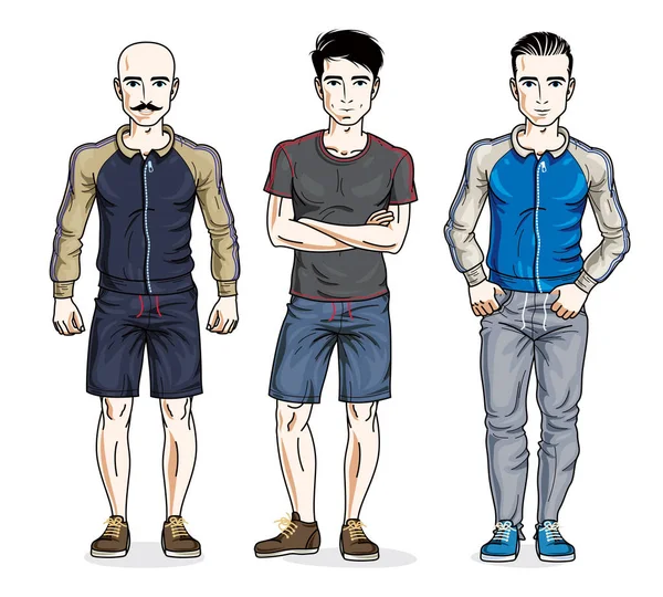 Zeker Knappe Mannen Poseren Stijlvolle Sportkleding Vector Set Van Mooie — Stockvector