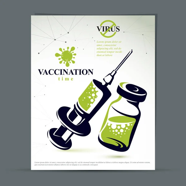 Grip Aşısı Pazarlama Posterini Virüsü Öldürmek Için Şırınga Ilaç Içeren — Stok Vektör