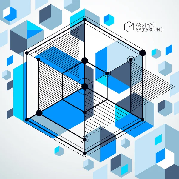 Lines and shapes abstract vector isometric 3D blue background. Abstract scheme of engine or engineering mechanism. Layout of cubes, hexagons, squares, rectangles and different abstract elements.