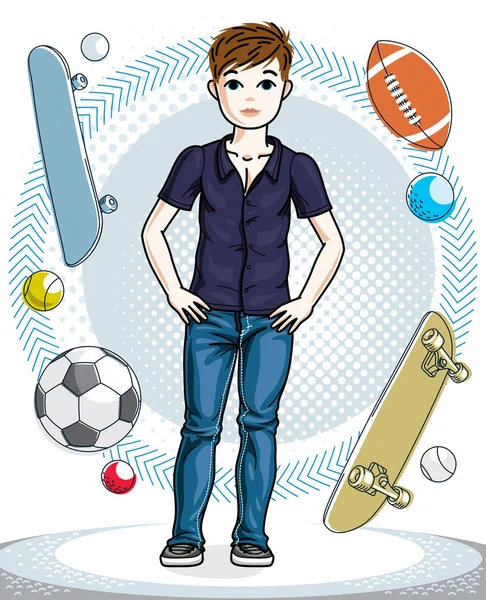 Sweet Little Boy Young Teen Standing Wearing Fashionable Casual Clothes — Stock Vector