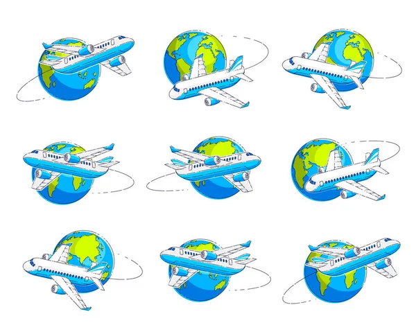 航空公司航空旅行标志或例证与飞机客机和行星地球 美丽的细线向量设置隔离在白色背景上 — 图库矢量图片