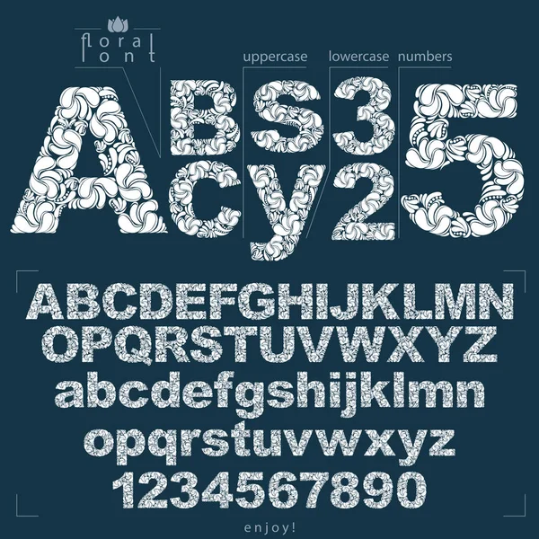 Set Vector Ornate Letters Numbers Flower Patterned Typescript Black White — Stock Vector