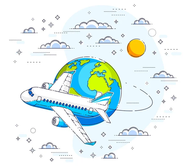 Ilustrace Letecké Dopravy Letadlem Planetou Obloze Obklopenou Mraky Krásné Tenké — Stockový vektor