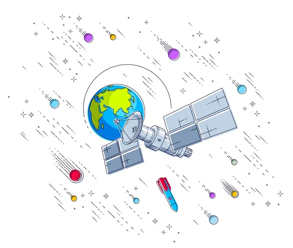 Satélite Orbitando Alrededor Tierra Vuelo Espacial Estación Espacial Comunicación Con — Vector de stock
