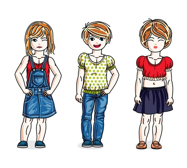 Dulces Niñas Pie Usando Ropa Casual Moda Vector Niños Ilustraciones — Archivo Imágenes Vectoriales