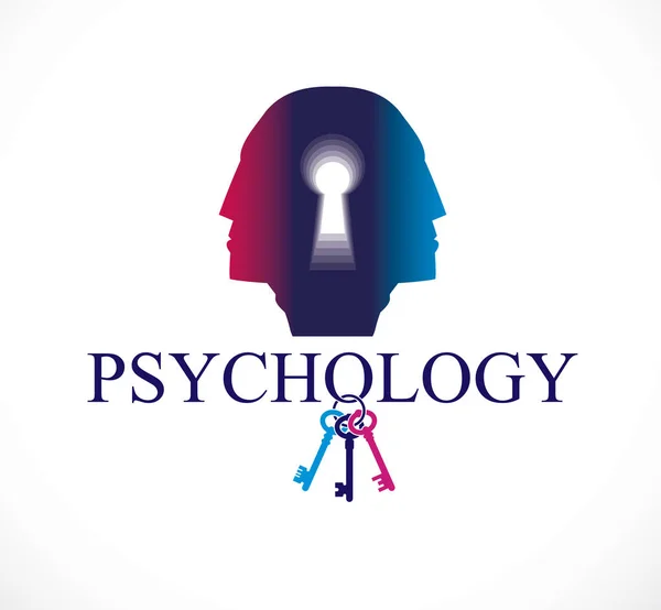 心理学和心理健康概念 创造了与双人头轮廓和钥匙孔 精神分析作为一个关键的人性 个性和原型阴影 矢量徽标或图标设计 — 图库矢量图片