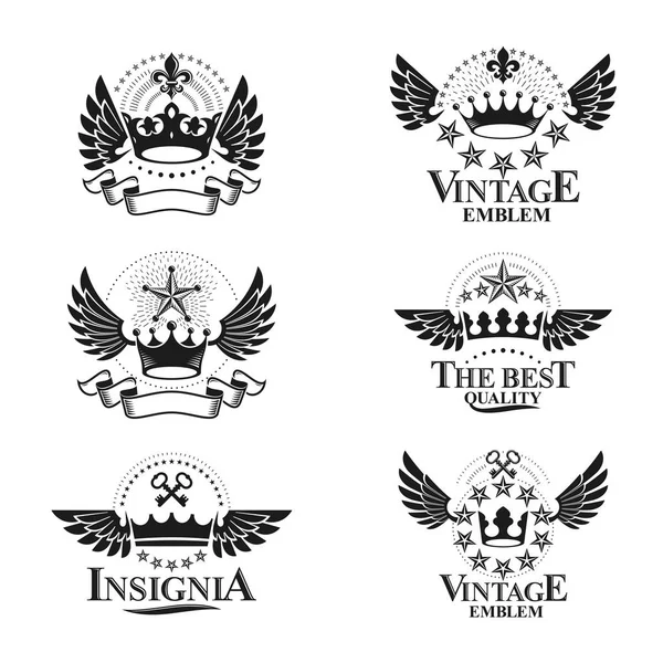 皇家皇冠标志的设置 Heraldic向量设计元素集合 复古风格标签 纹章标识 — 图库矢量图片