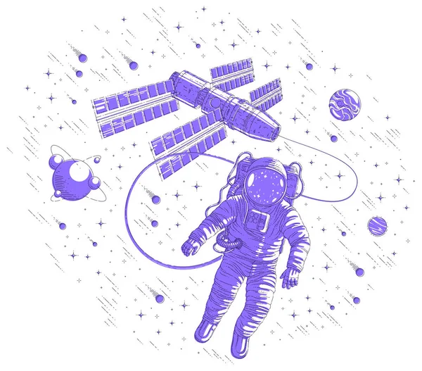 Homme Espace Volant Dans Espace Ouvert Relié Station Spatiale Astronaute — Image vectorielle