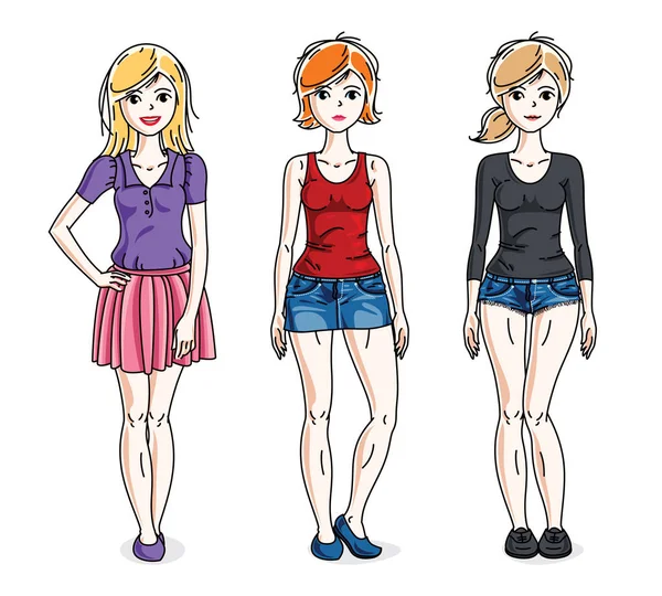 Atraktivní Mladé Dospělé Dívky Stojící Nosí Ležérní Oblečení Vektorové Ilustrace — Stockový vektor