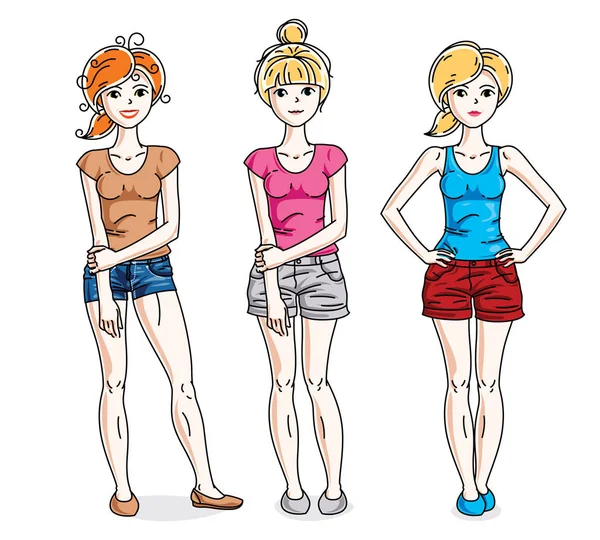 Attractive Young Women Group Standing Wearing Fashionable Casual Clothes Vector — Stock Vector