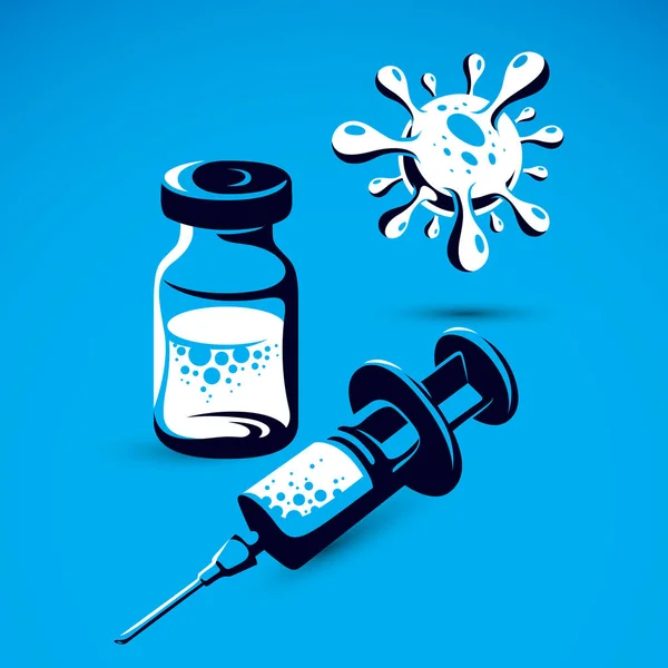 薬とウイルスを殺すために注射用シリンジ ボトルのベクトル グラフィック イラスト 定期予防接種のテーマ — ストックベクタ