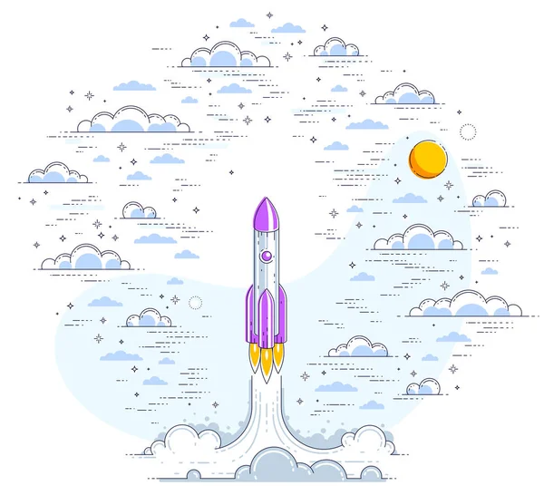 Raketa Odstartuje Zatažené Krásné Oblohy Prozkoumejte Vesmír Dechberoucí Vesmírnou Vědu — Stockový vektor