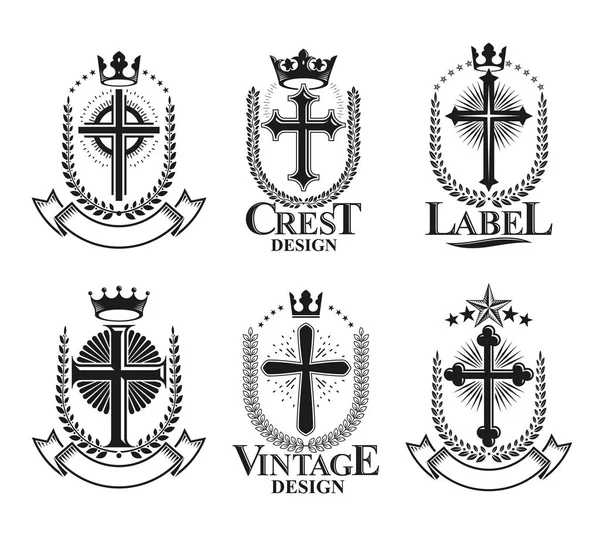 Christliche Kreuze Embleme Gesetzt Heraldische Vektordesign Elemente Kollektion Etikett Retrostil — Stockvektor